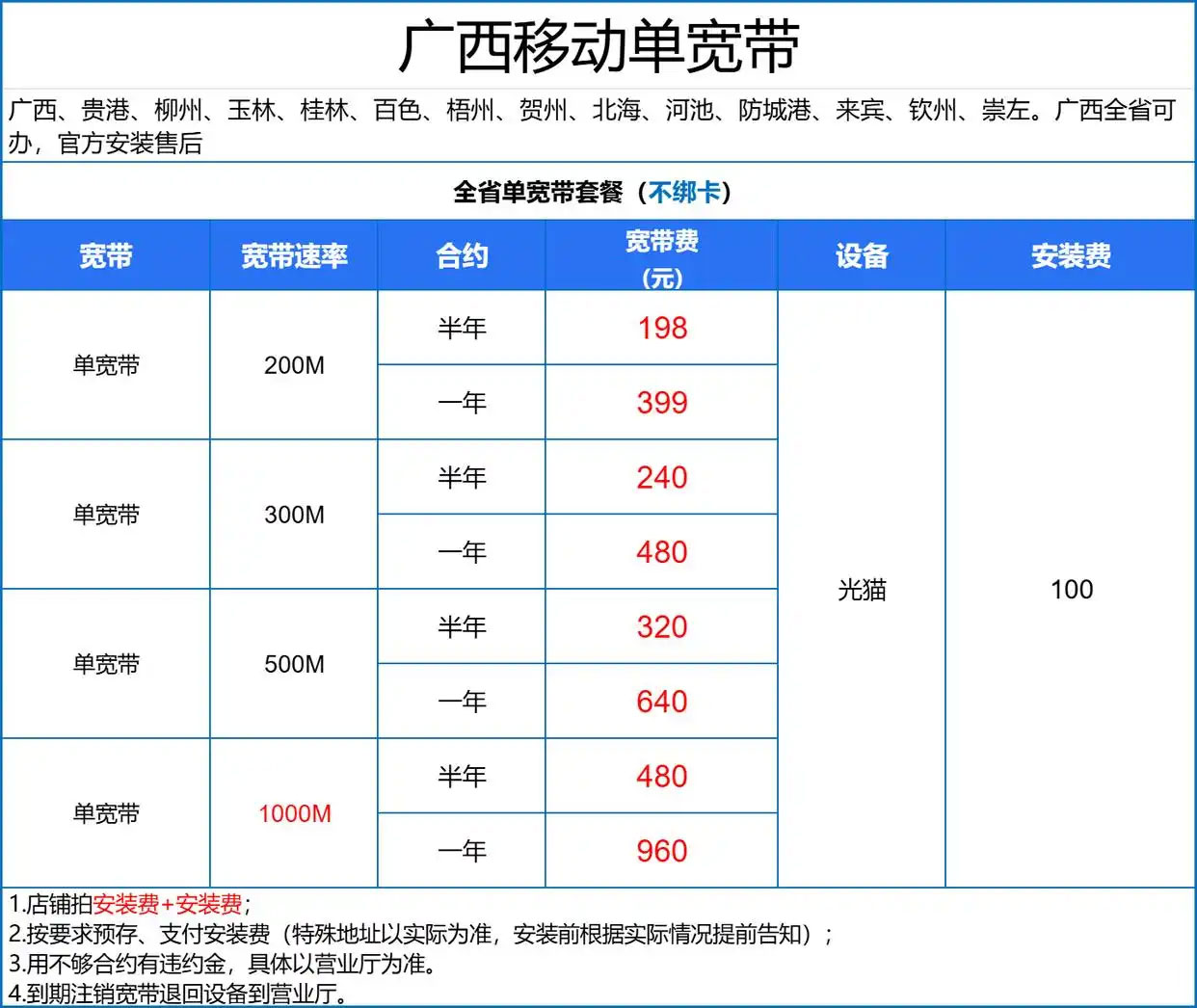 广西柳州移动宽带套餐价格表(柳州移动宽带预约办理报装)